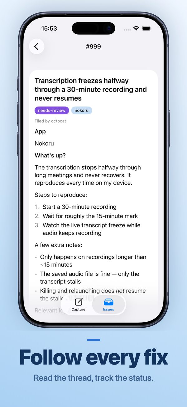 Todoke issue detail — follow every fix, read the thread, track the status